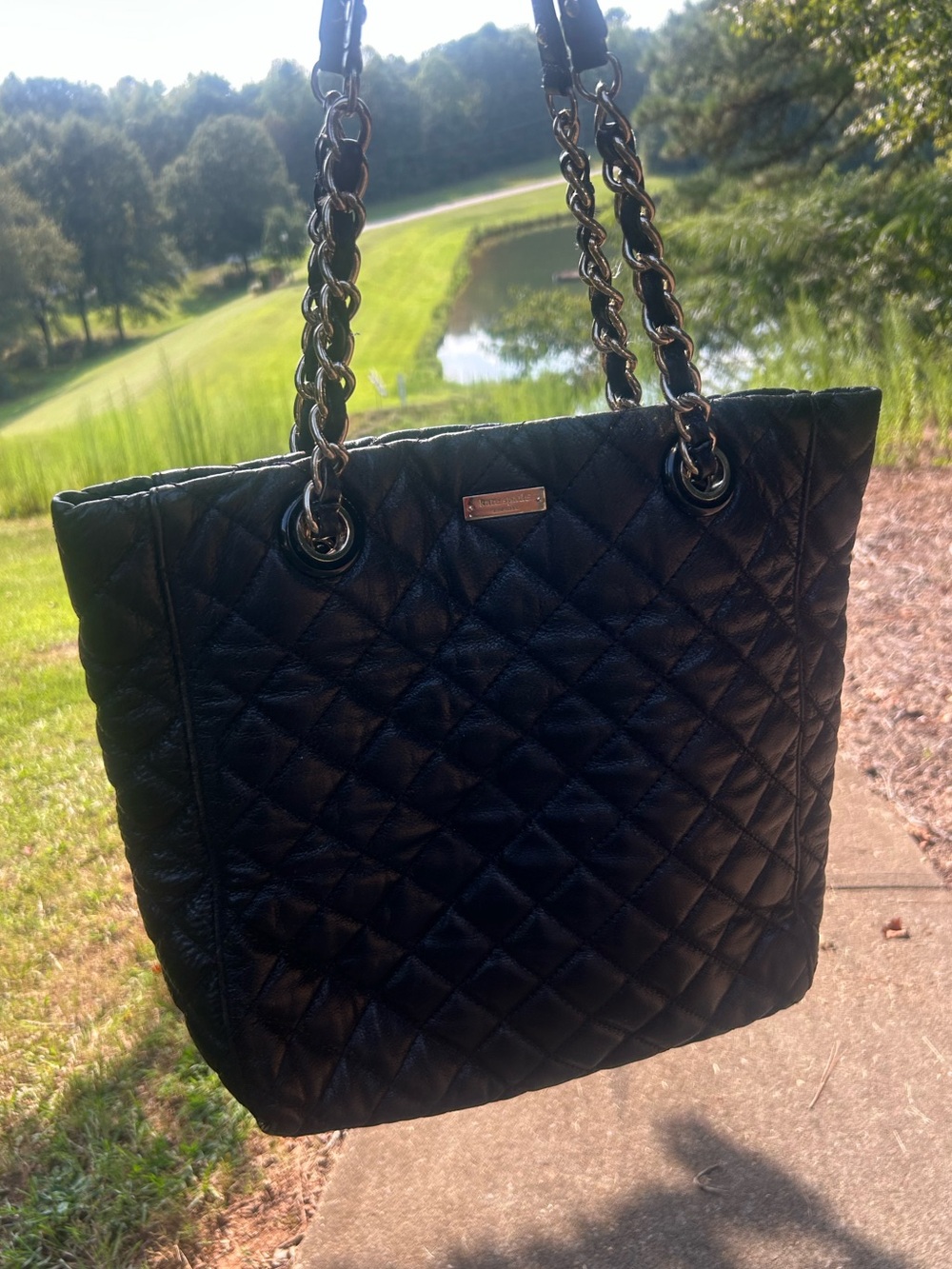 Kate Spade Black Quilted Leather Chain Shoulder Tote Bag Gold Hardware